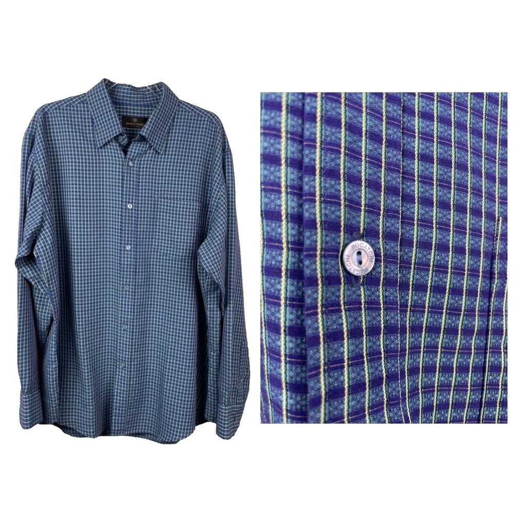 Vintage Bugatchi Uomo Dress Shirt Mens XL Plaid Long Sleeve Luxury Business